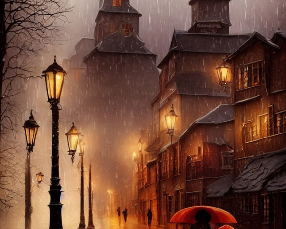 Couple walking down vintage lamp-lit street in the rain