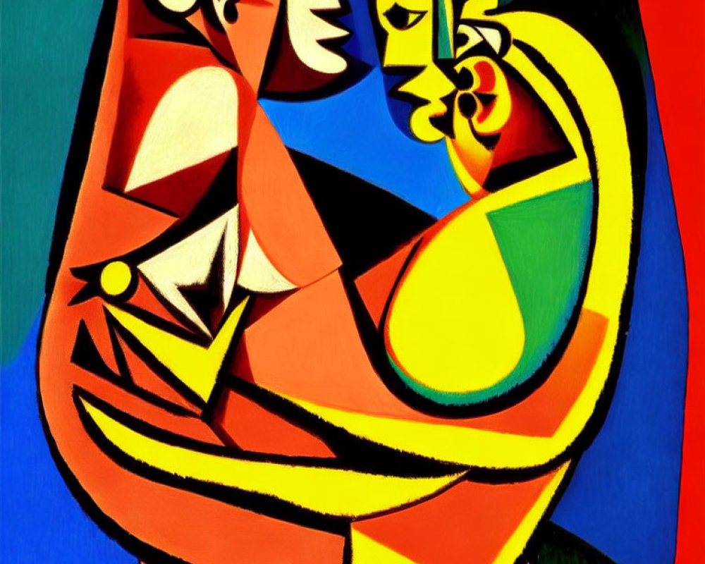 Vibrant Cubist painting with bold colors and fragmented forms of a figure holding a guitar