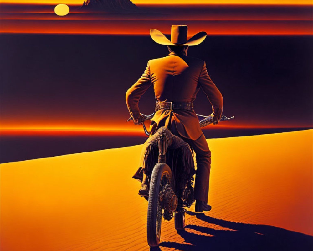 Cowboy on Motorcycle in Desert Landscape with Orange Hues