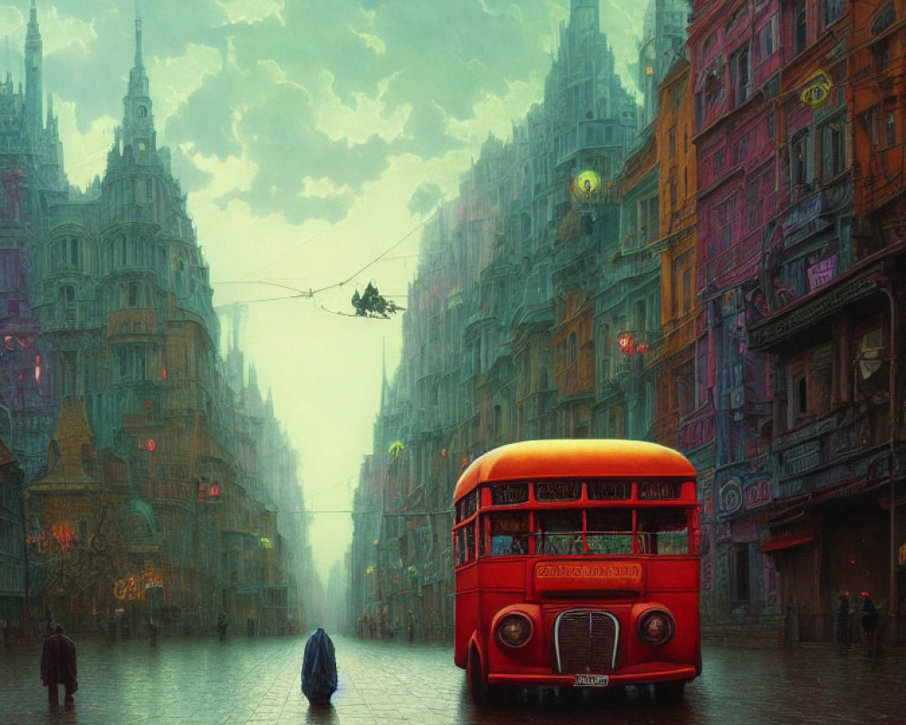 Futuristic cityscape in the rain with towering buildings, flying car, and red bus.