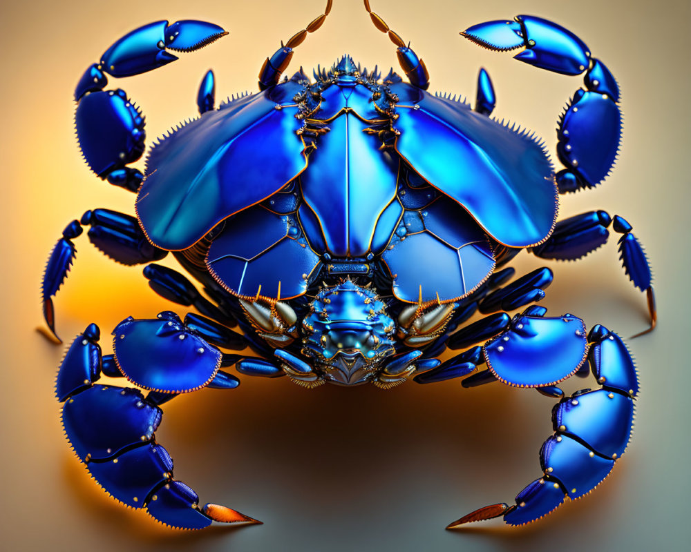 Symmetrical blue crab digital art on warm gradient background