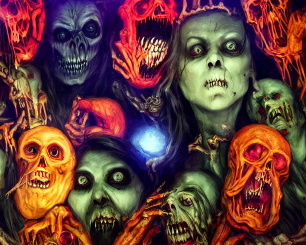 Collection of grotesque undead faces with glowing eyes on purplish-black background