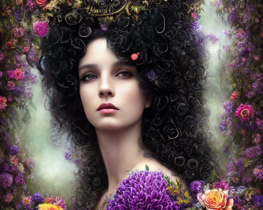 Curly Haired Woman with Flowers Holding Purple Flower in Floral Setting