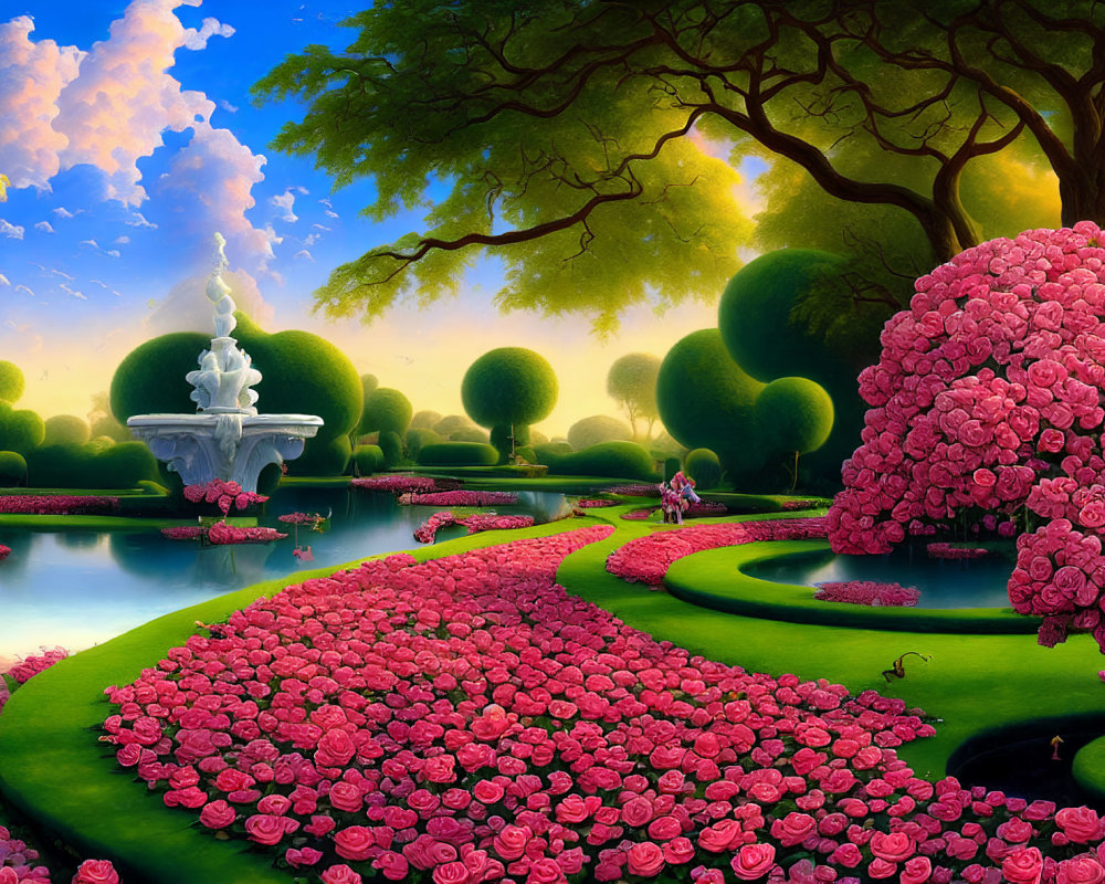 Lush fantasy garden with pink floral bushes, fountain, and serene pond