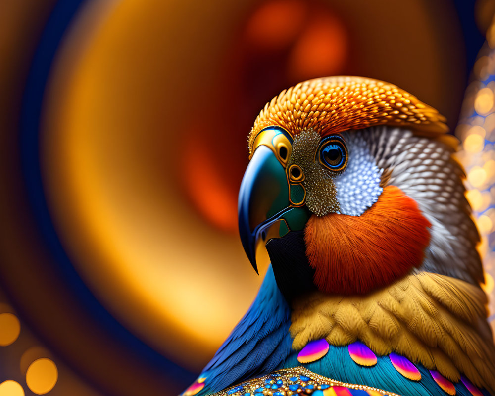 Colorful Parrot Close-Up with Blue and Orange Feathers on Golden Bokeh Background