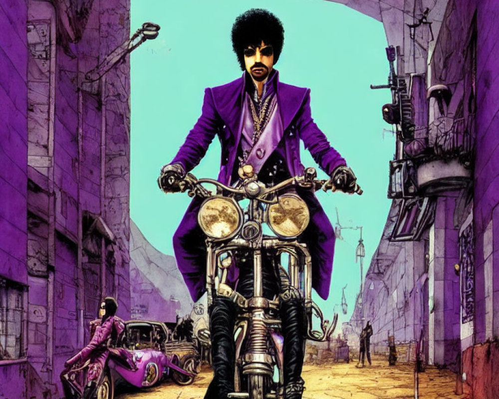 Stylized illustration of person with afro on motorcycle in purple suit, urban backdrop.