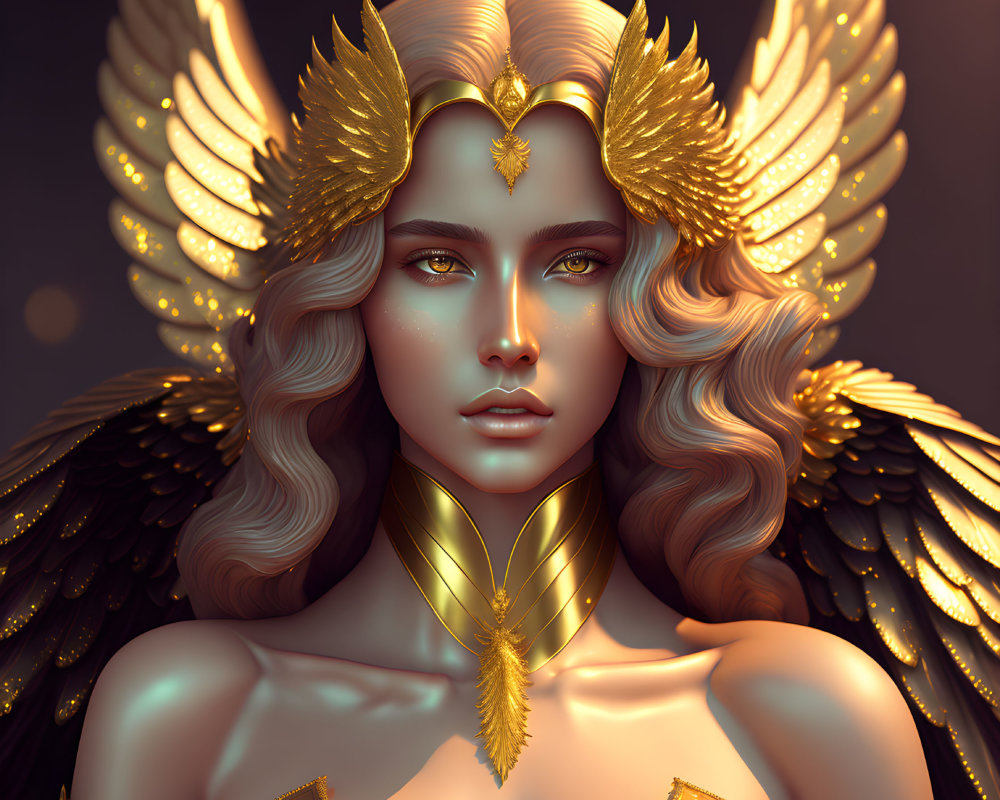 Fantasy-inspired illustration of a woman with gold feathered wings and armor