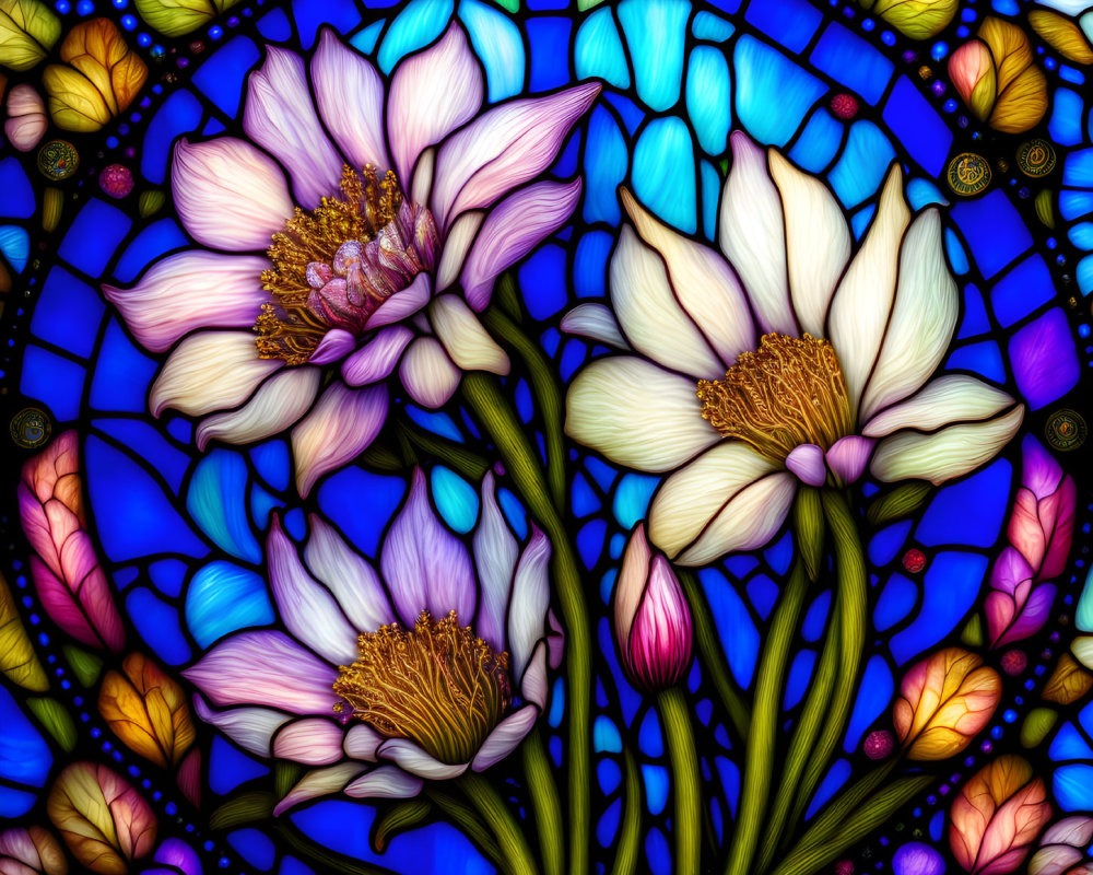 Vibrant stained glass with intricate floral patterns on blue background