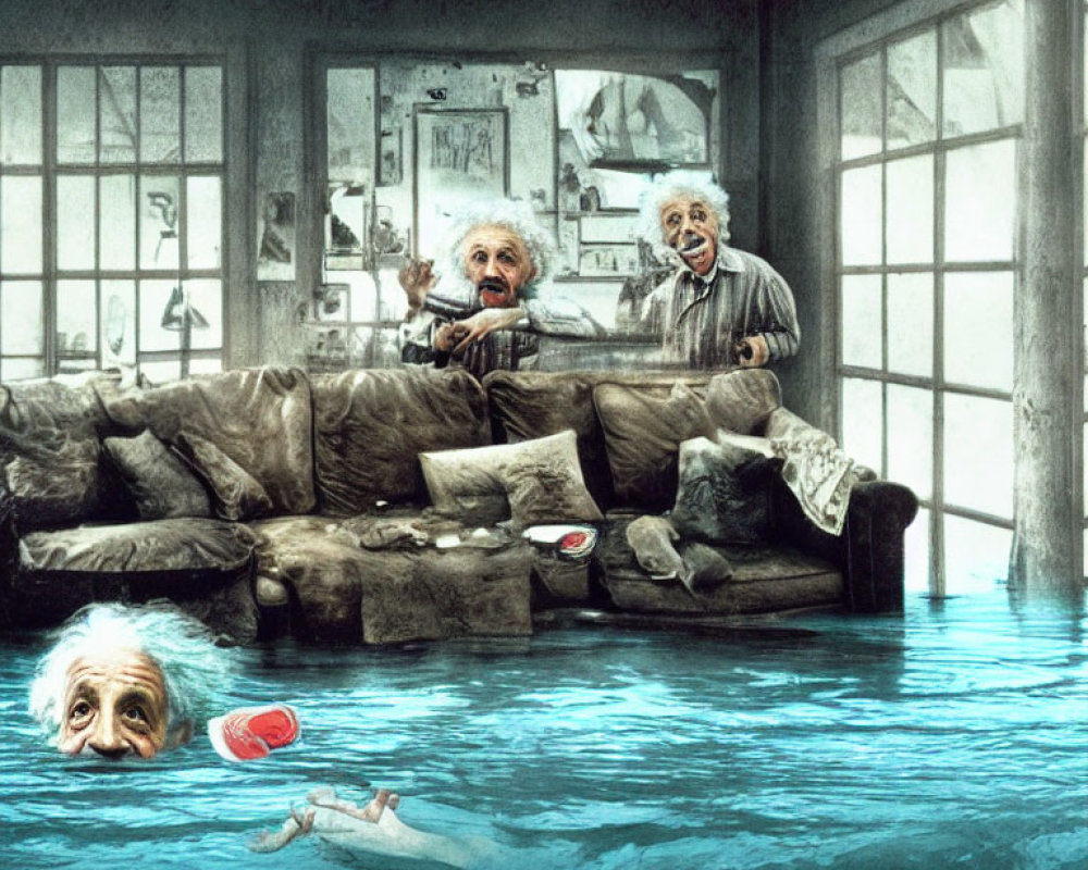 Whimsical illustration of three Einstein look-alikes in flooded room