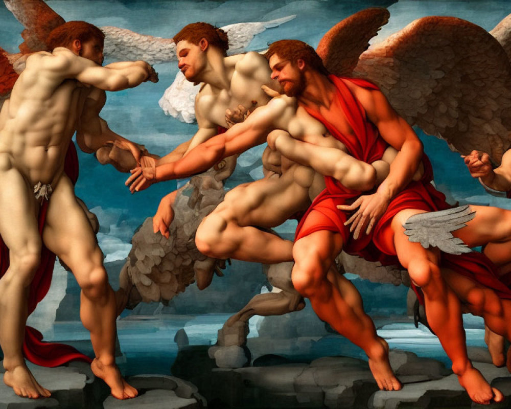 Classical painting of muscular male figures with angel wings in dynamic poses