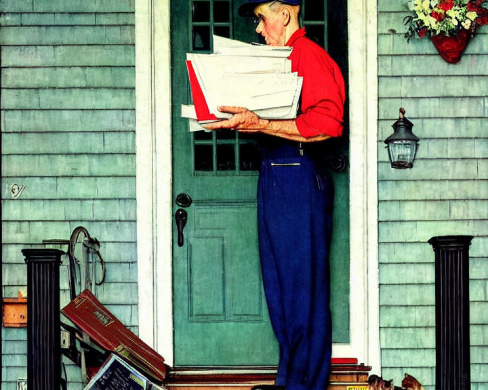 Elderly man in red shirt and blue overalls holding stack of papers