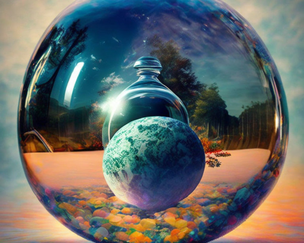 Surreal image of transparent spheres on colorful pebbles