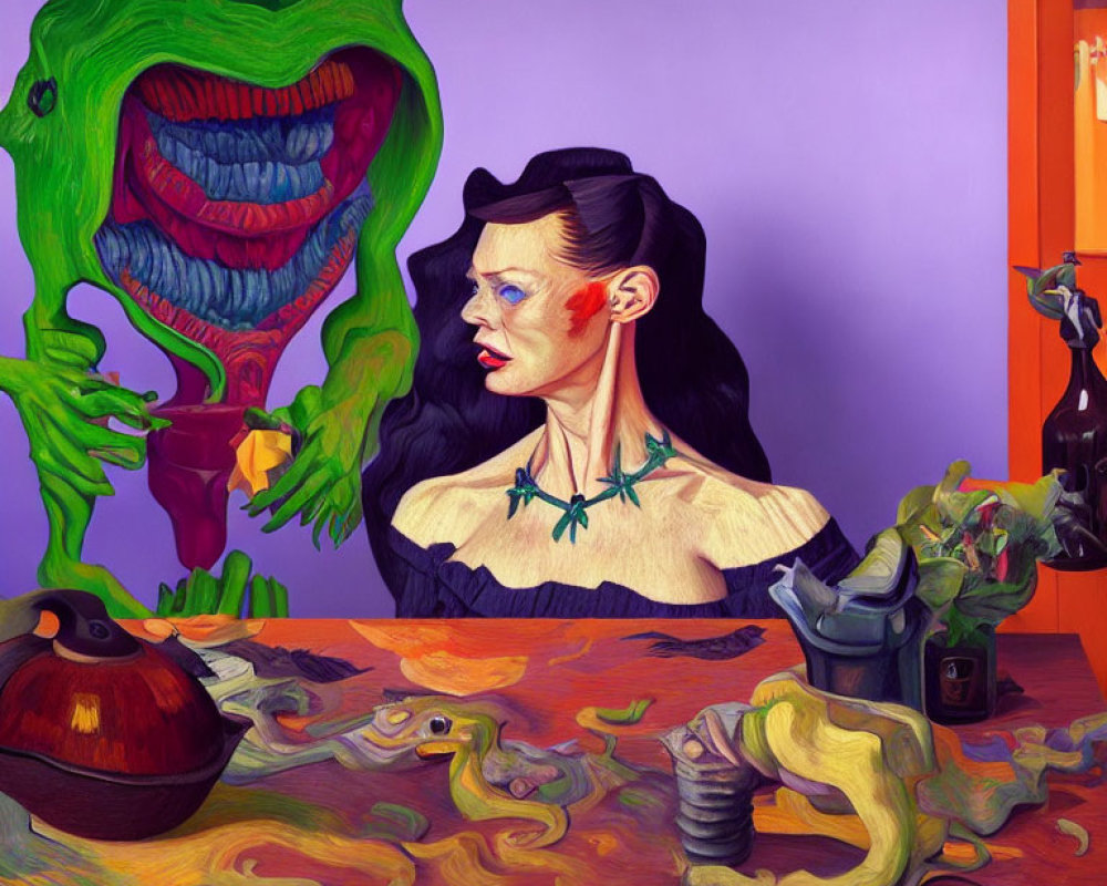 Colorful painting featuring woman, snake, and ghostly figure.