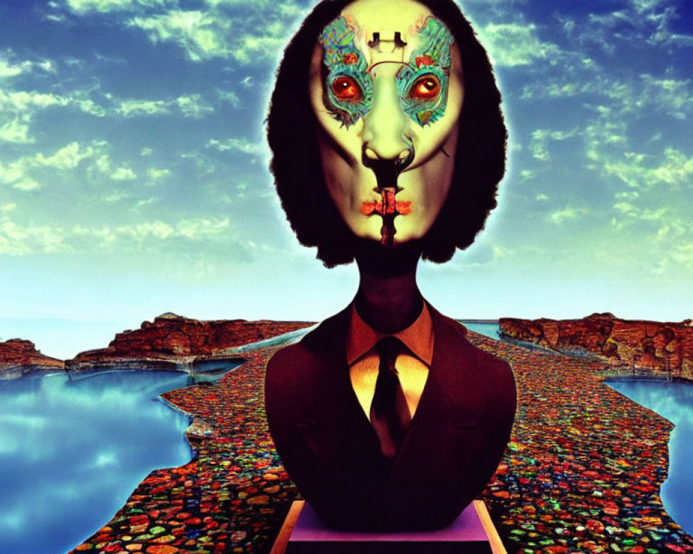 Colorful surreal humanoid bust with mechanical head in rocky landscape