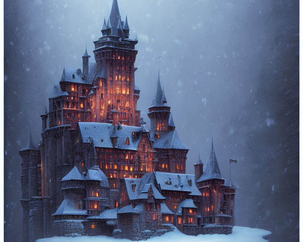 Snow-covered castle with illuminated towers in twilight snowfall