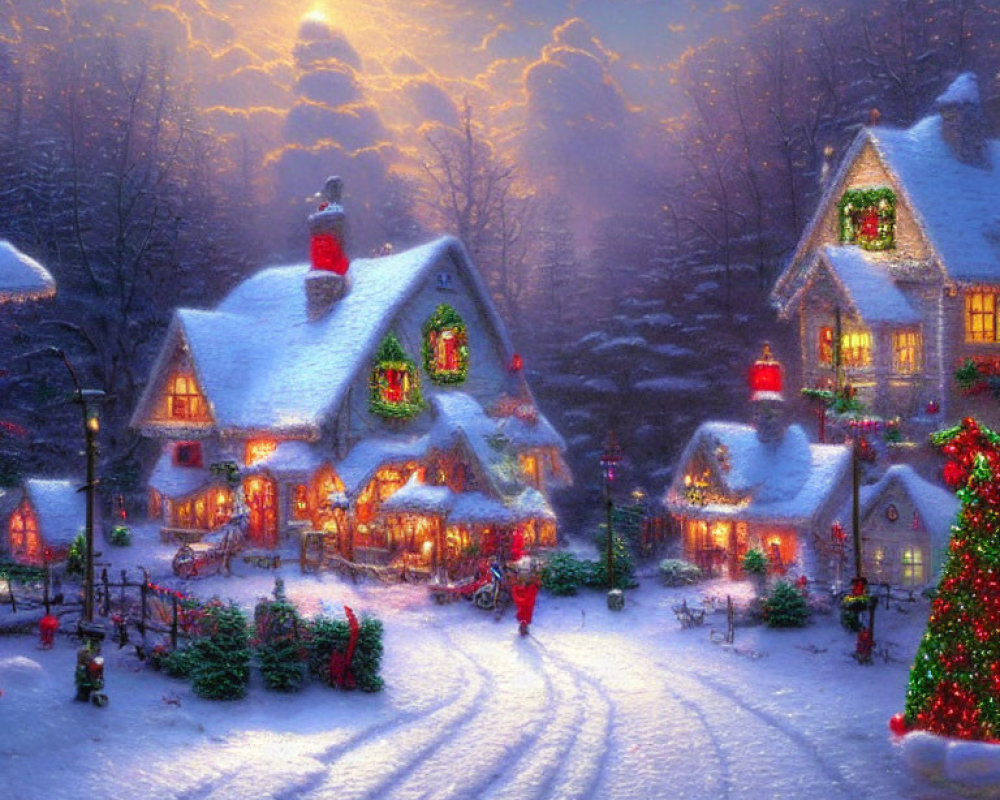 Snow-covered houses with Christmas lights in a winter scene