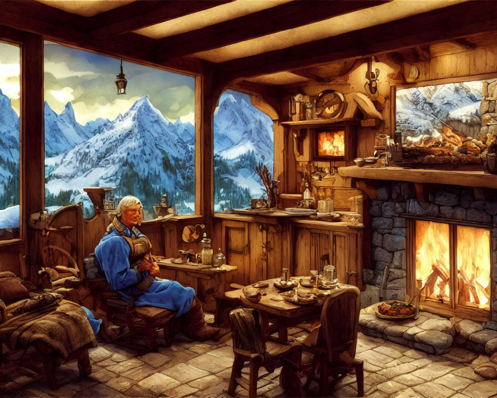 Rustic cabin interior with fireplace, stove, and mountain views