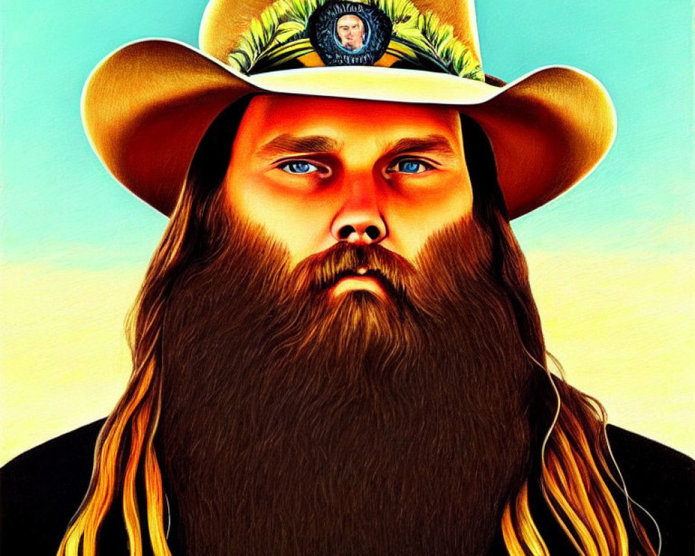 Stylized portrait of man with long beard and cowboy hat on teal background