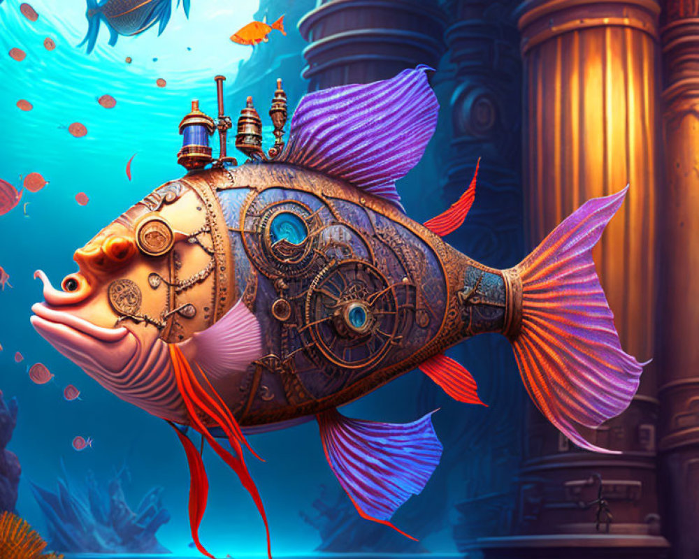 Steampunk fish with mechanical features and ornate metalwork swimming among ancient underwater columns