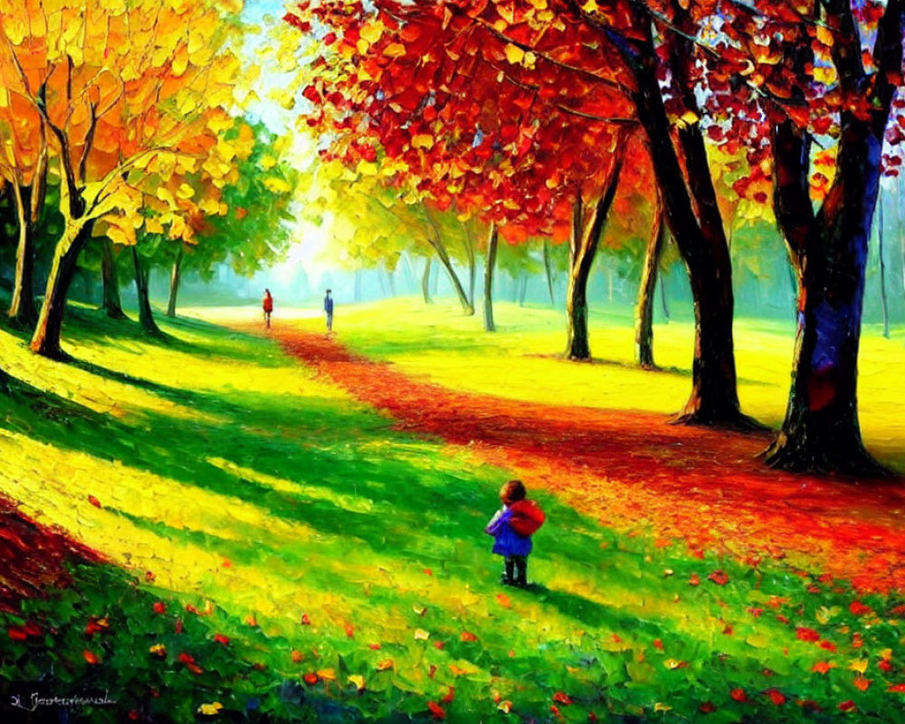 Colorful autumn park scene with child and figure walking away