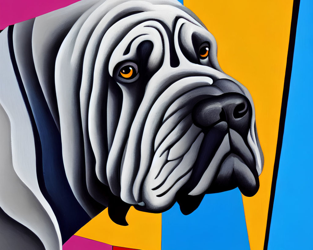 Vibrant Mastiff Dog Artwork with Exaggerated Wrinkles and Geometric Background