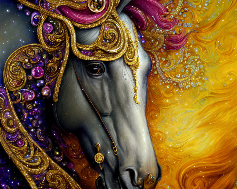 Ornate gold and purple cosmic horse on starry backdrop