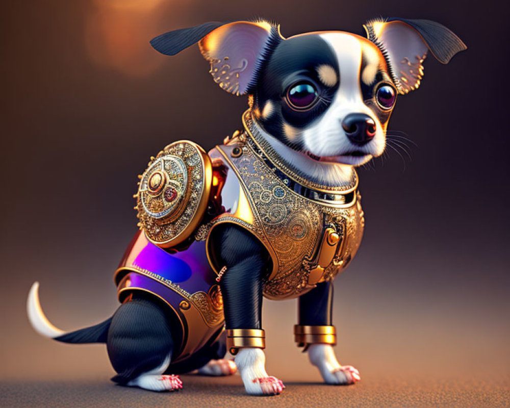 Stylized digital artwork: Chihuahua in ornate purple armor