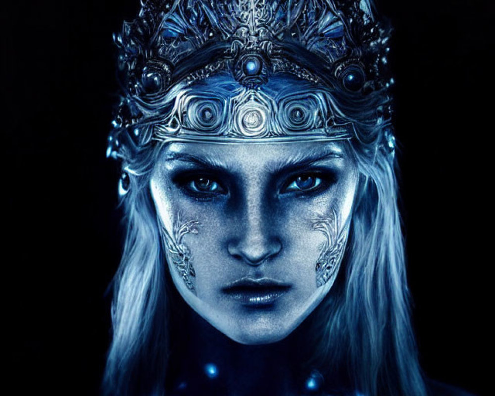 Blue-Toned Skin Figure with Silver Headgear and Luminous Dots