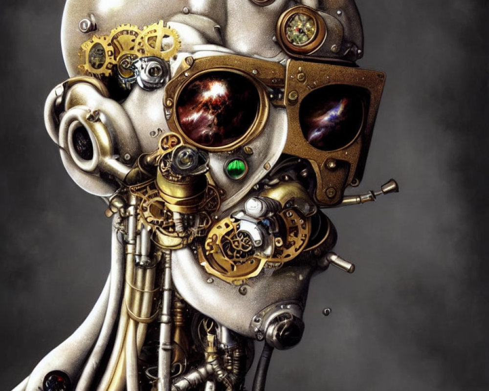 Detailed Steampunk-Style Humanoid Figure with Mechanical Head and Dark Backdrop