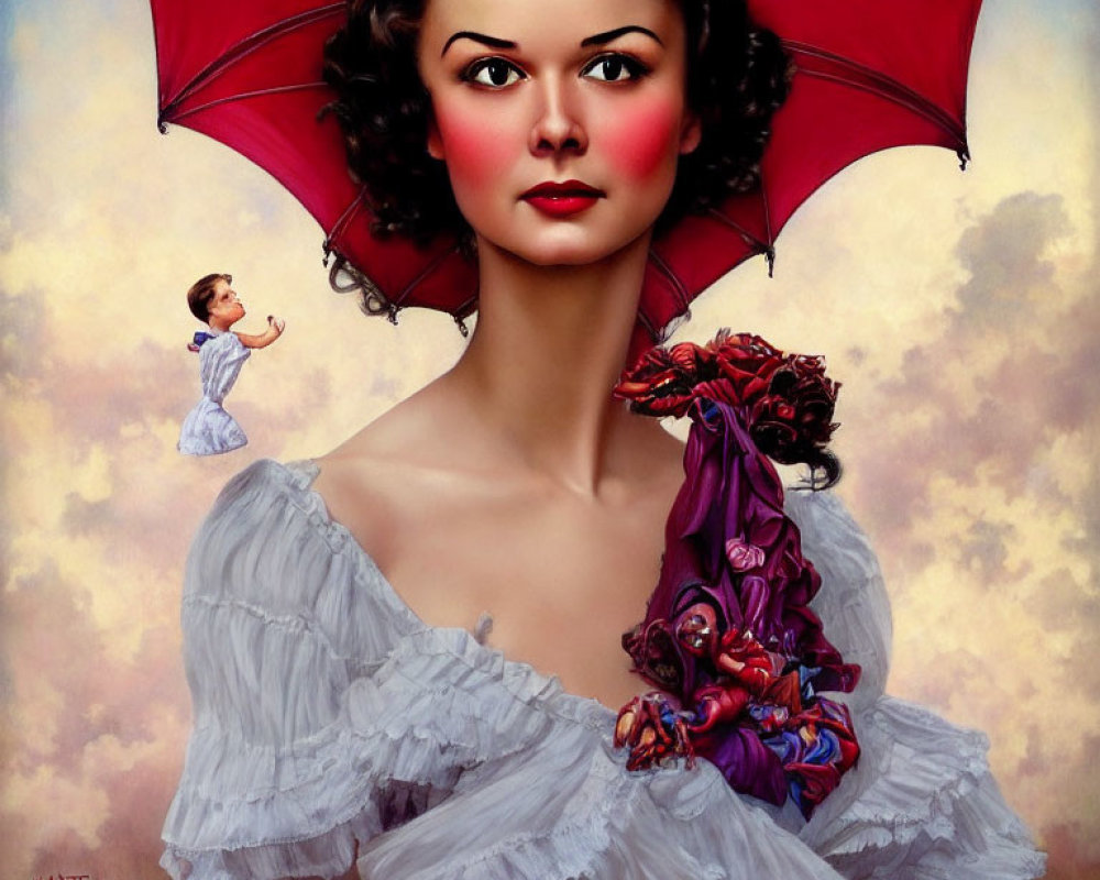 Woman in white dress with red umbrella and tiny man blowing kiss.