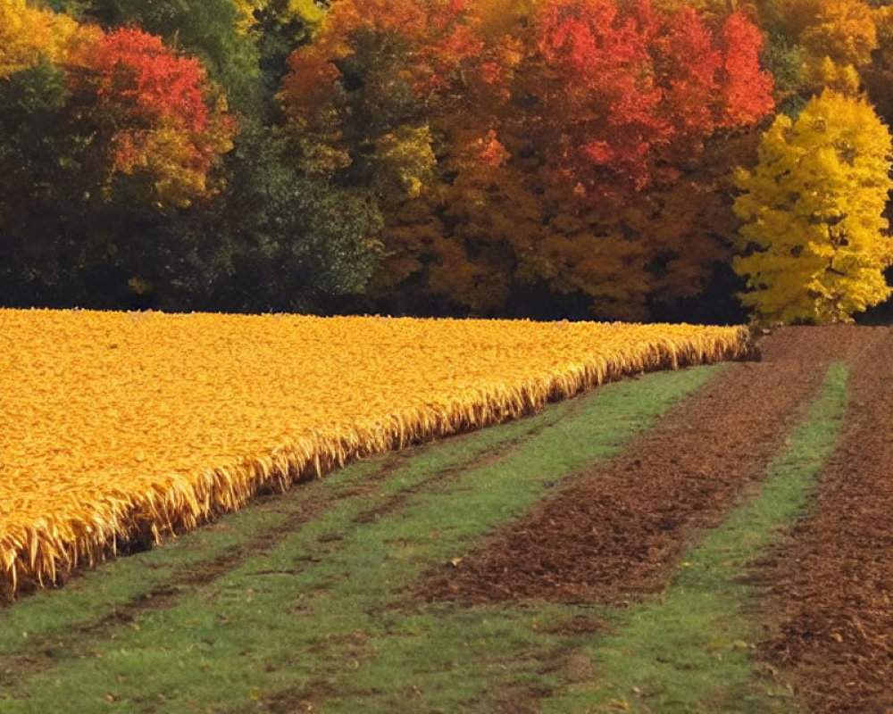 Colorful autumn landscape with golden crops and vibrant trees