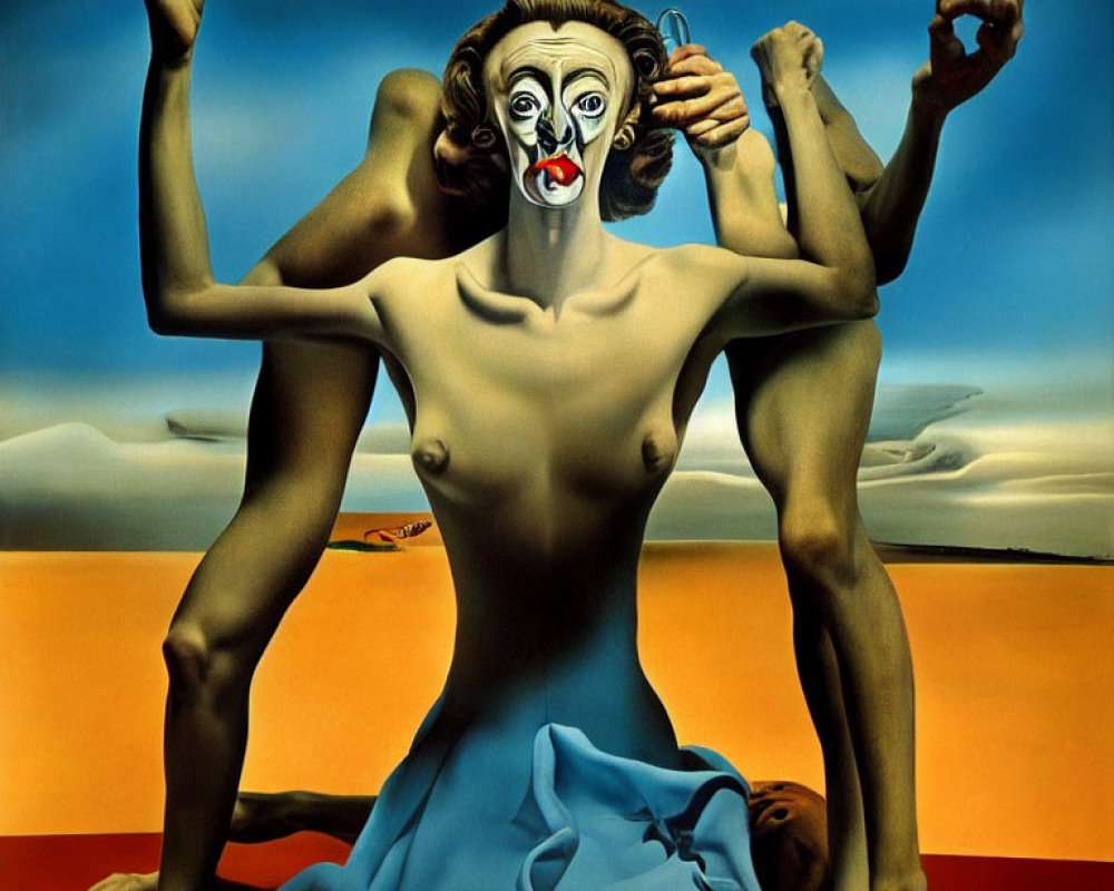 Surreal painting of faceless female figure with floating clown-like face in desert landscape