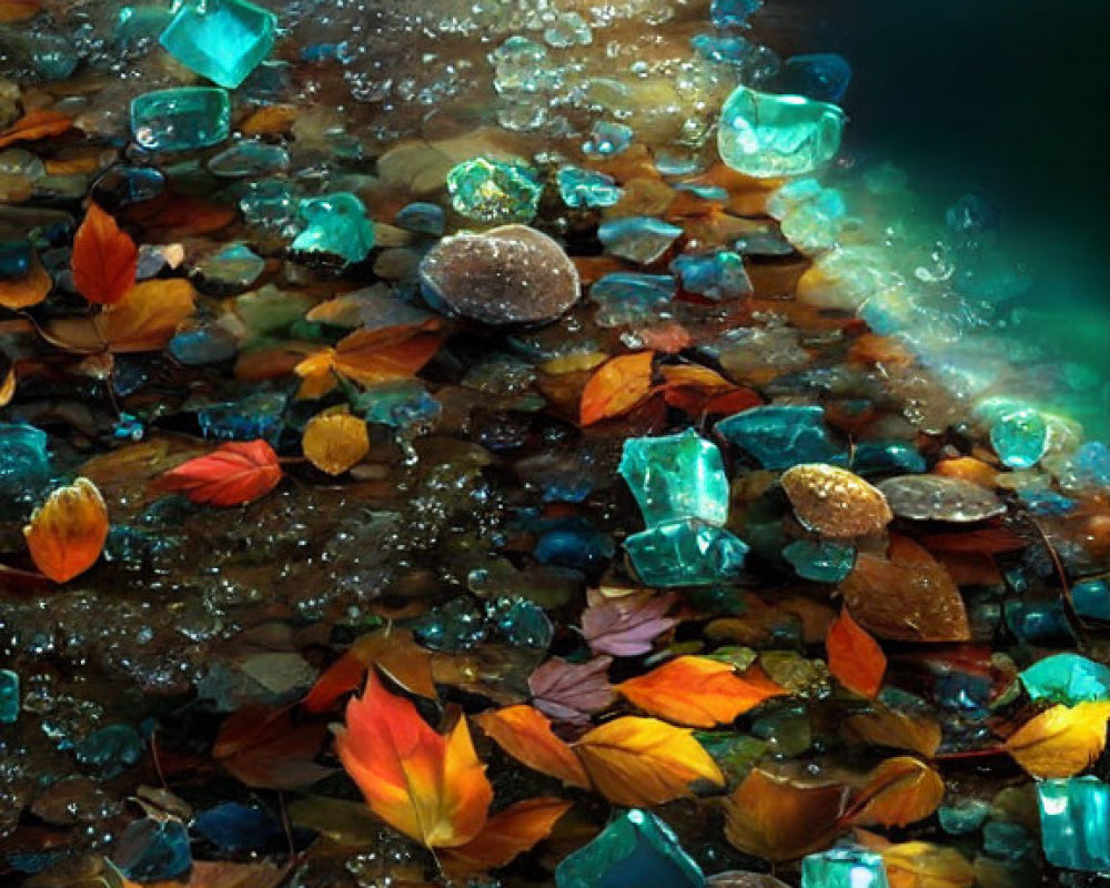 Scattered Autumn Leaves and Glowing Gemstones on Riverbank