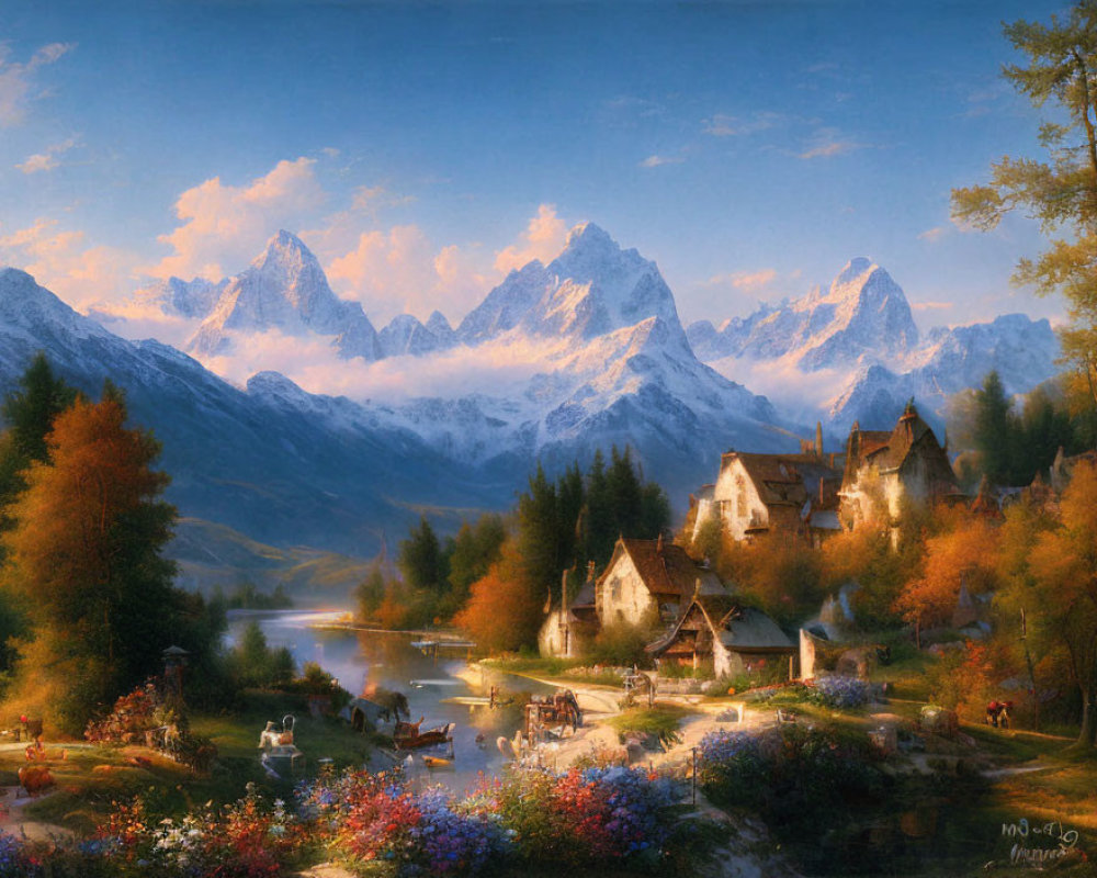 Scenic village painting with autumn trees and snowy mountains