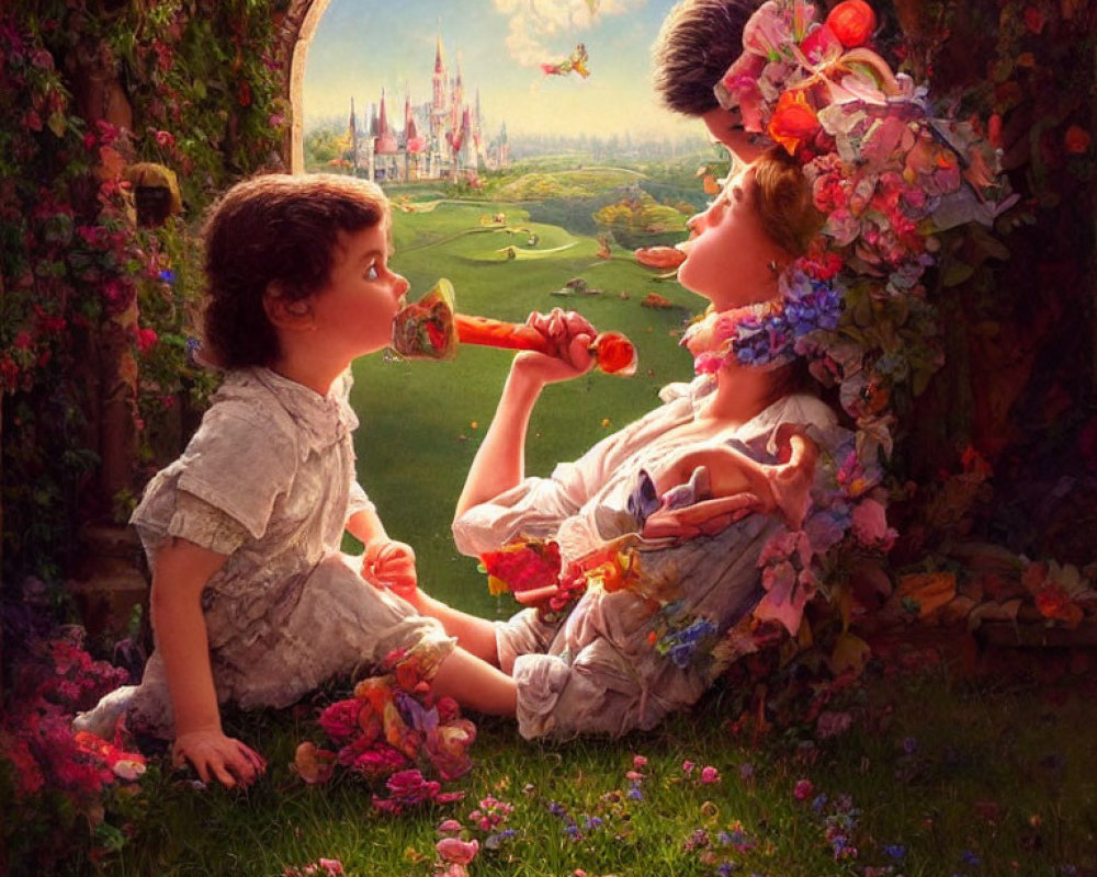 Children in floral landscape with castle and flower trumpet scene