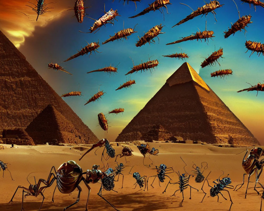 Mechanical insect swarm over desert with pyramids and dramatic sky