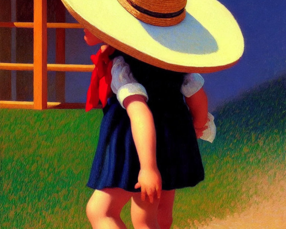 Young child in straw hat and blue dress on grassy field with shadow and wooden structure.