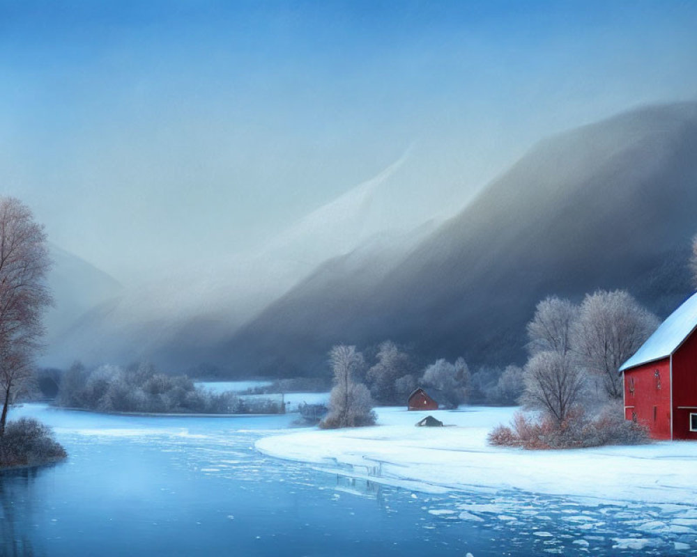 Snow-covered red barn by frozen river in tranquil winter scene