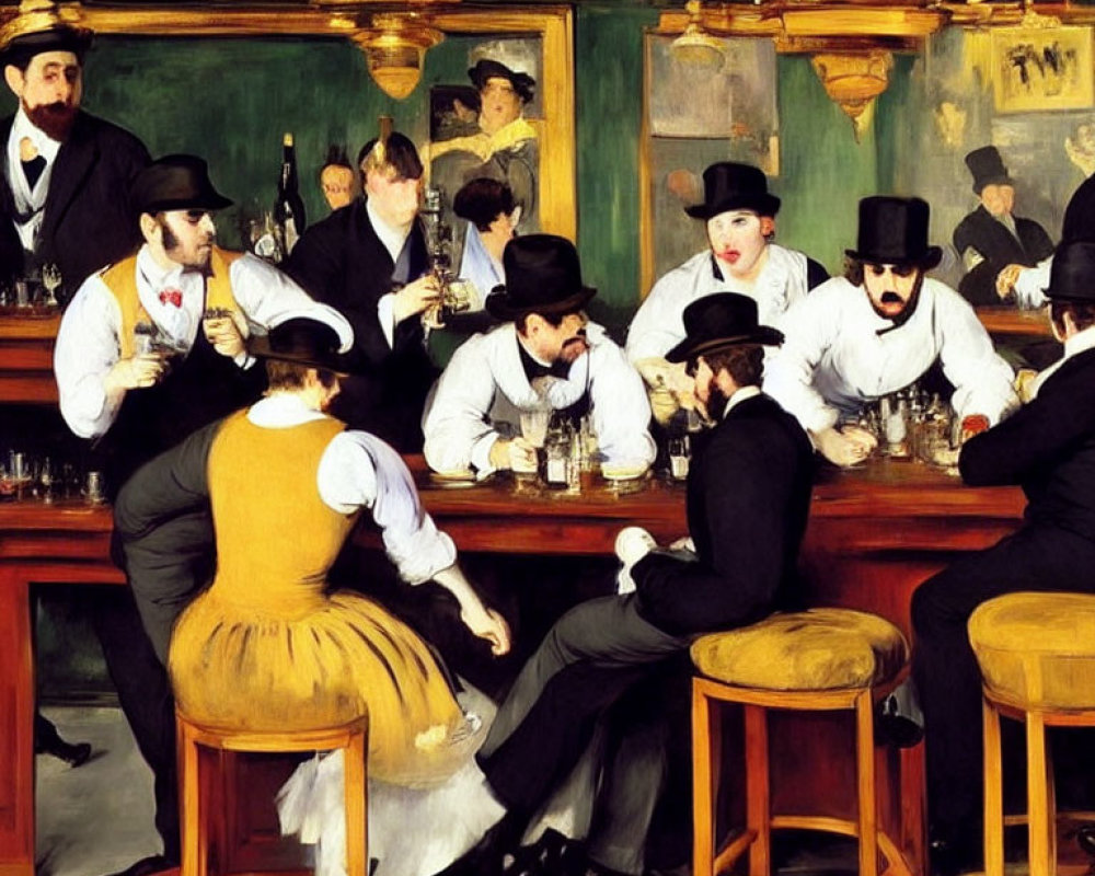 19th-Century Parisian Café Scene with Patrons, Barmaid, and Detailed Ambience