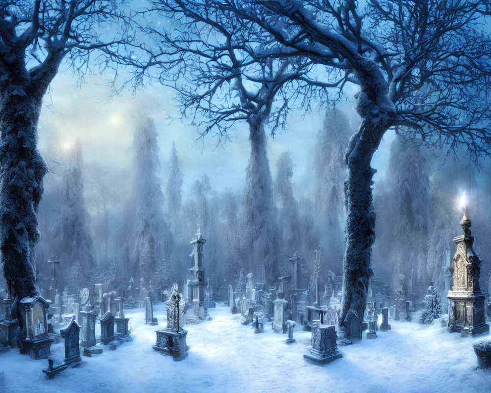 Snowy Cemetery with Tombstones and Statues Under Dimly Lit Sky