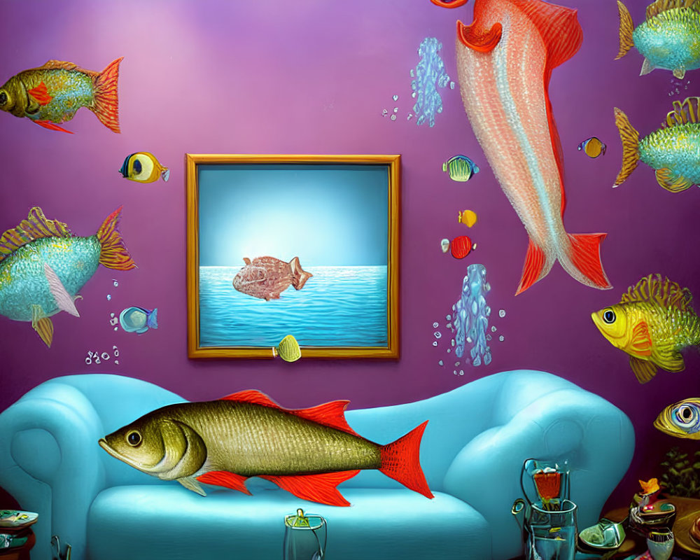 Vivid underwater living room with fish and couch art