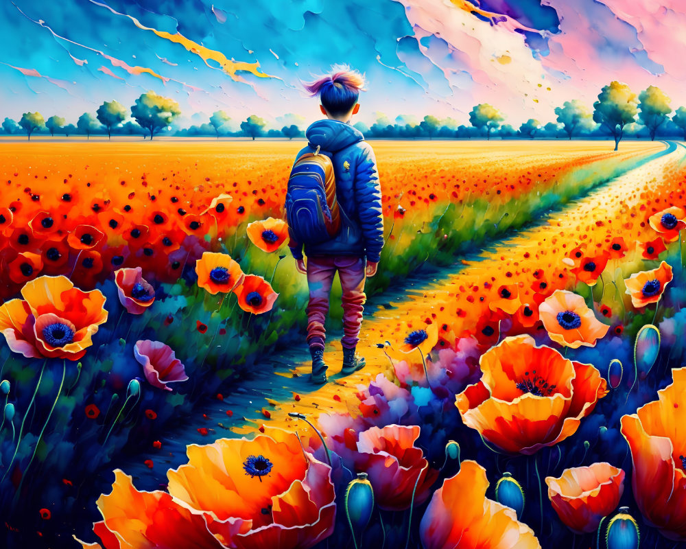 Person in Vibrant Poppy Field with Splitting Path Under Colorful Sky