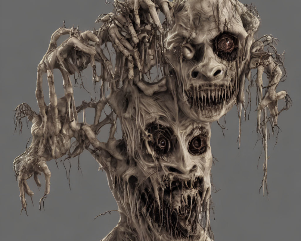 Creepy two-headed zombie with decomposing skin and bared teeth on grey background