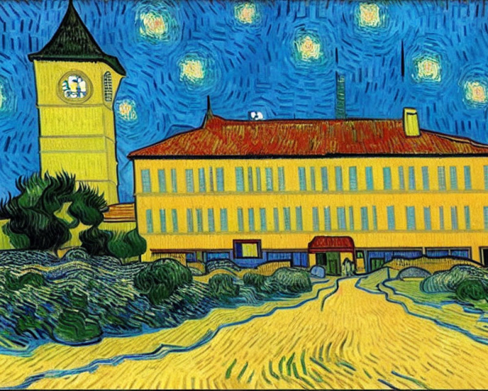 Expressionist Painting of Yellow Building with Clock Tower at Night