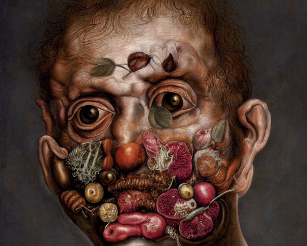 Surreal portrait featuring face with fruit and vegetable elements