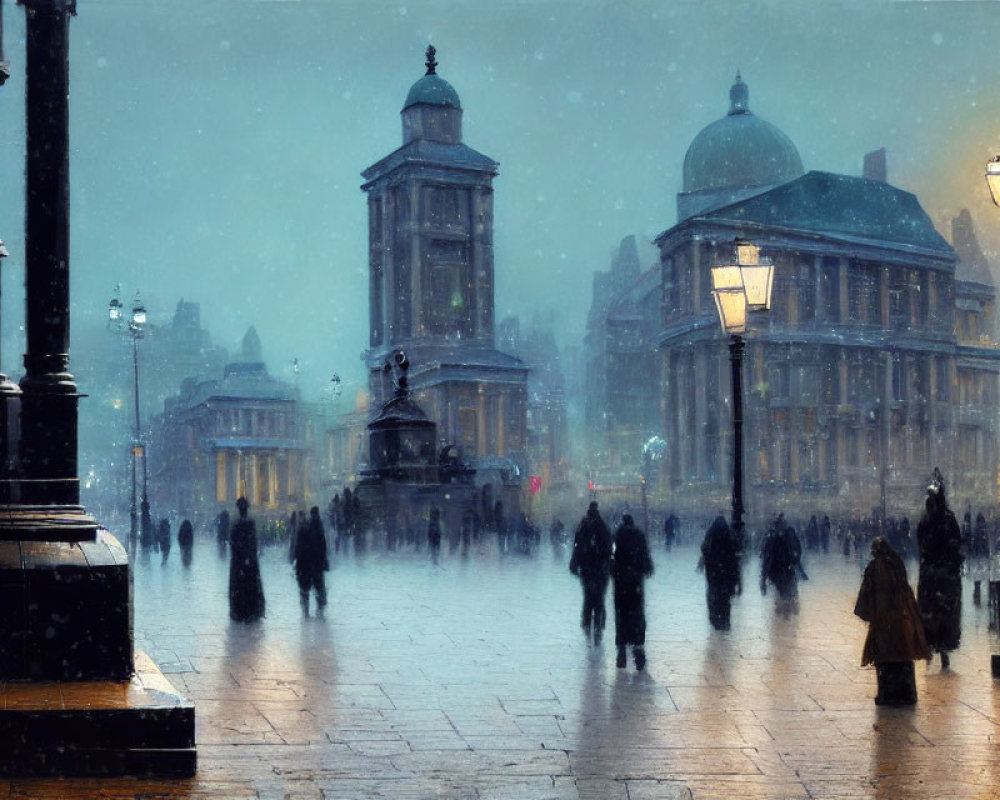 Silhouetted figures walking in snow-covered square at dusk