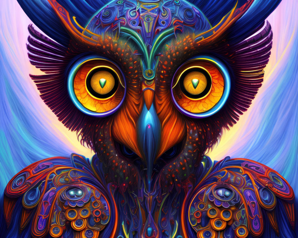 Colorful Fantastical Owl Illustration with Golden Eyes and Ornate Patterns