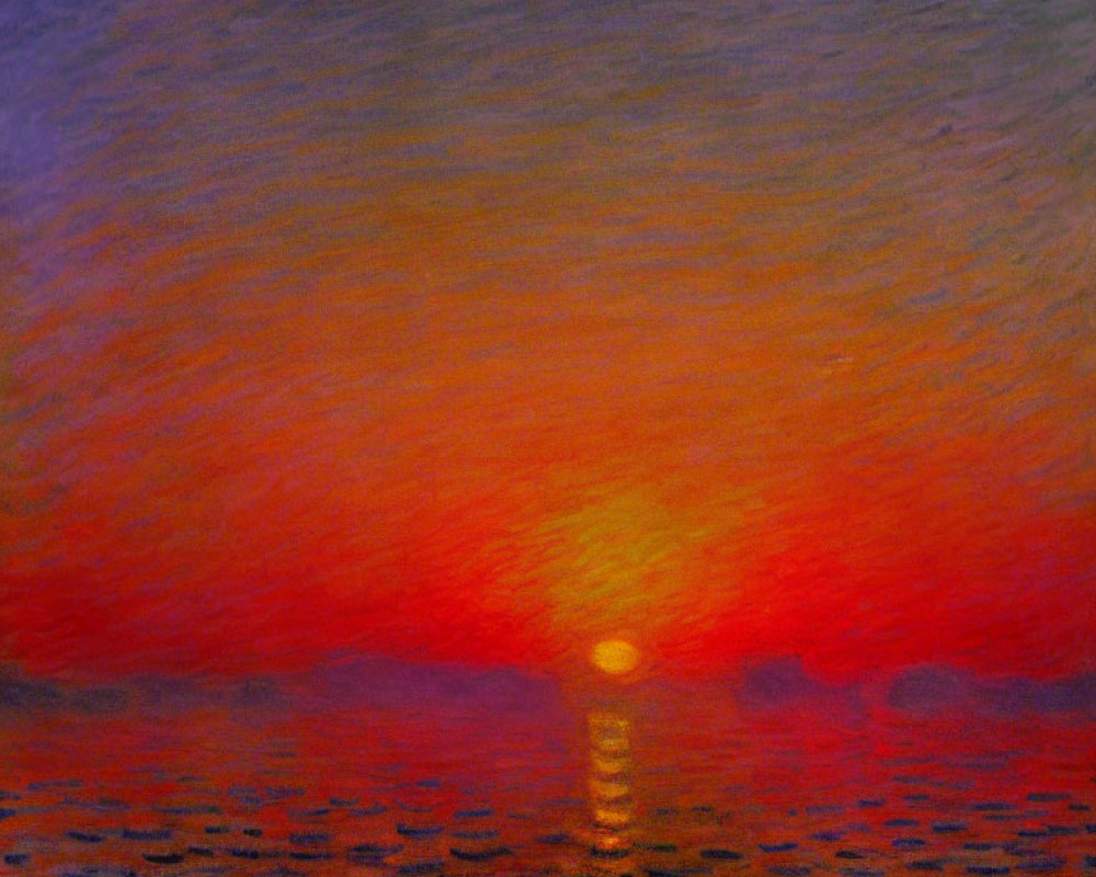 Impressionist sunset painting with vibrant reds and oranges reflecting on water.