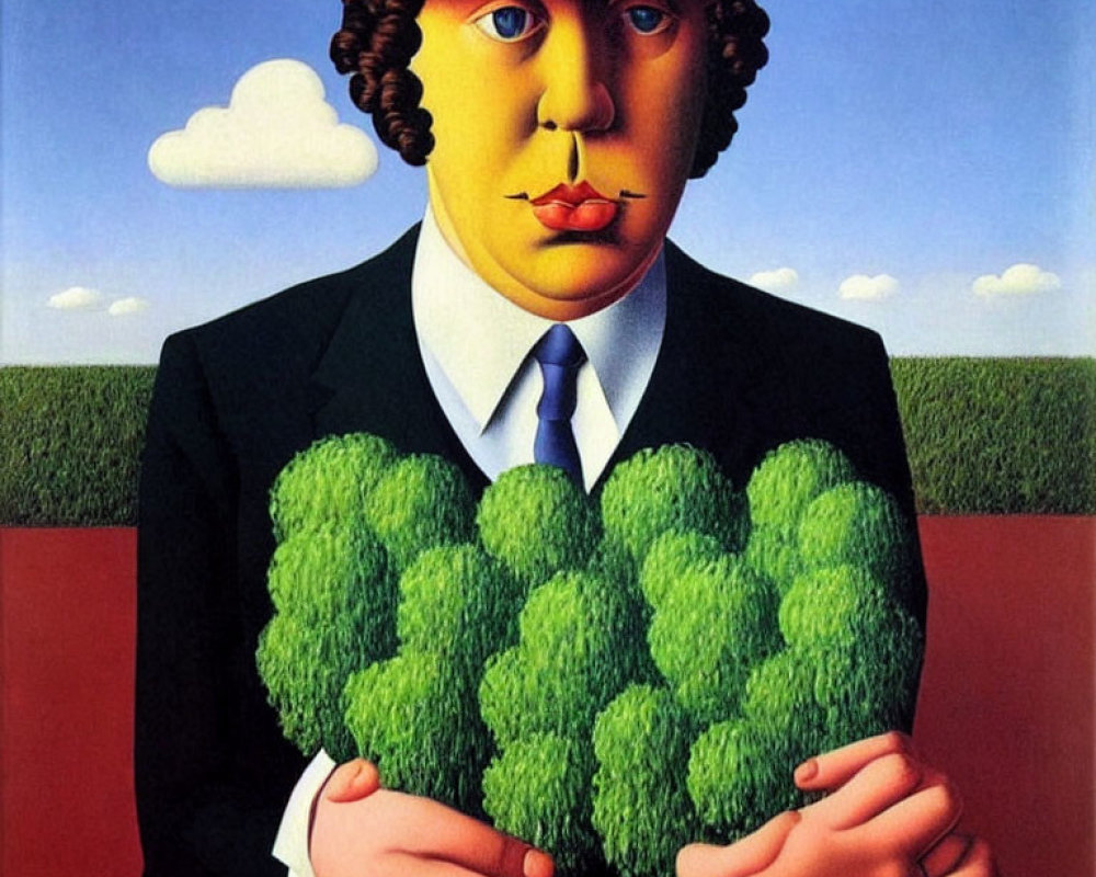 Surreal painting: man with tree-shaped face holding foliage bouquet