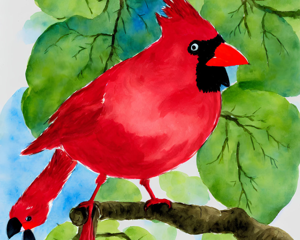 Colorful watercolor illustration: Red cardinal on tree branch